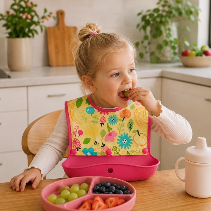 Ruokalappu B.box Travel Bib Green Sprouts Bee Floral