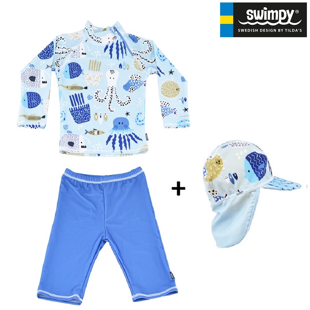 Lasten Uv-uimapuku ja hattu Swimpy Octopus sininen